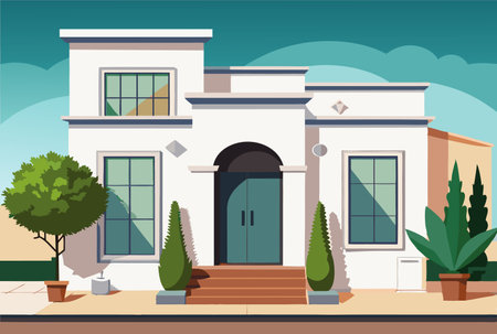 rich white villa with outdoor plantsのイラスト素材