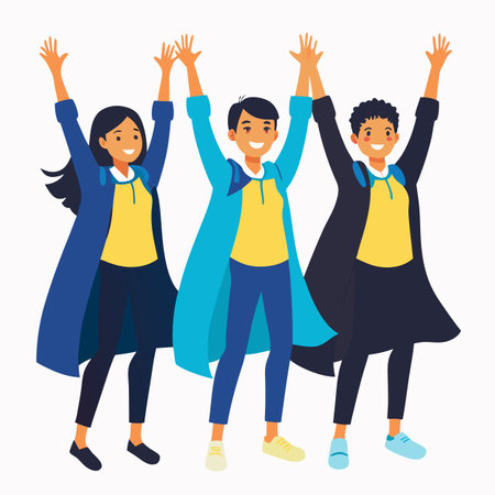 three young men with their hands raisedのイラスト素材