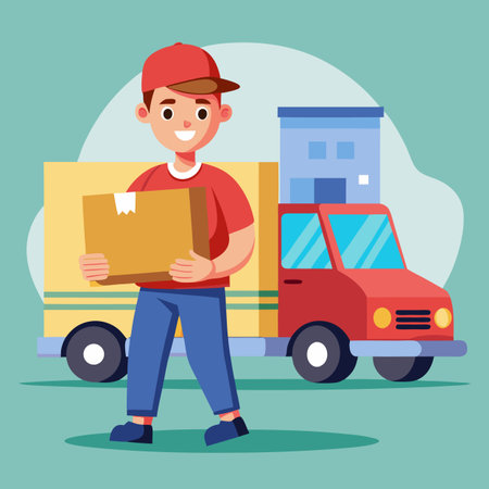 male courier delivers cargo on truckのイラスト素材