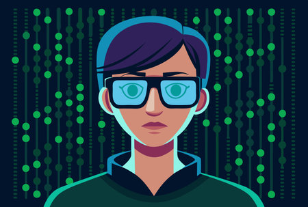 male programmer in glasses against the background of the matrixのイラスト素材