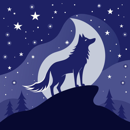 blue wolf in the night forest howls at the moonのイラスト素材