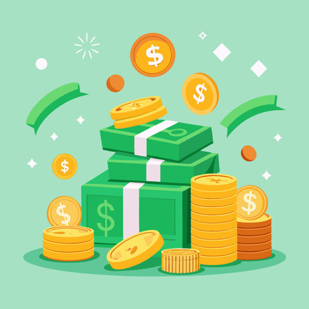 Cartoon banknotes and coins. Green dollar bill packs, bundles, stacks and piles.のイラスト素材
