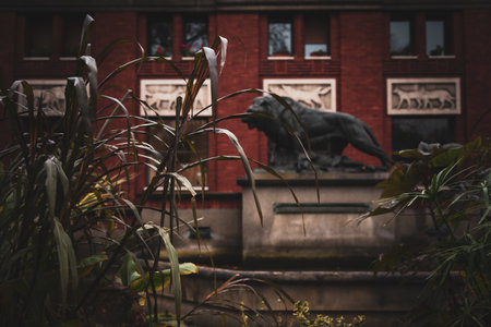 Lion statue surrounded by tall plants near historic building in urban areaの写真素材