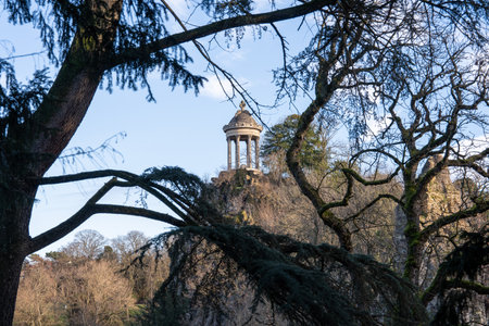 Beautiful view of the temple surrounded by natural scenery on a clear dayの写真素材
