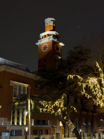 Clock tower illuminated during evening hours in urban setting with decorative lights in the foregroundの写真素材
