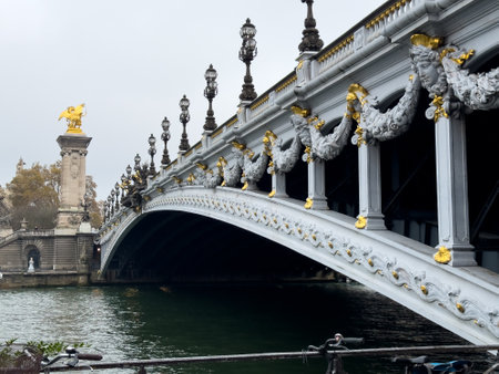 Beautifully ornate bridge with golden accents and decorative sculptures over a tranquil river in Paris during an overcast dayの写真素材