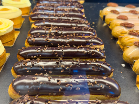 Chocolate eclairs arranged in a bakery display with other desserts during daylightの写真素材