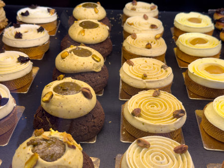 Delicious assortment of gourmet pastries displayed at a local bakery market during the afternoon
