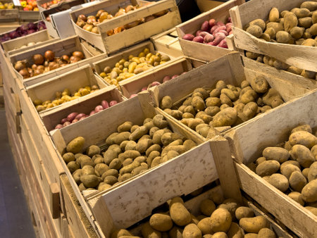 Freshly harvested potatoes displayed in wooden crates at a market during the dayの写真素材