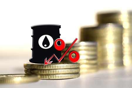 Barrel for oil and the percentage on a background of money. The concept of changes in the prices of petroleum products.の写真素材