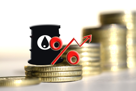 Barrel for oil and the percentage on a background of money. The concept of changes in the prices of petroleum products.の写真素材