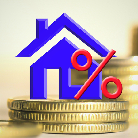 The percent symbol on the background of real estate and money. The concept of mortgage lending.の写真素材