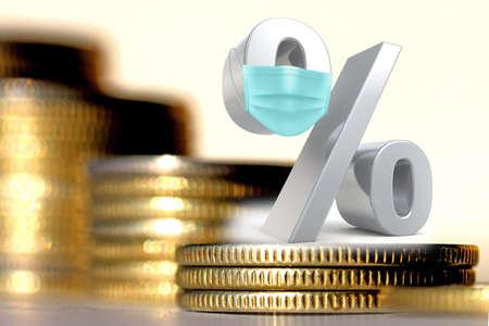 The symbol of interest in a medical protective mask on the background of money. The concept of market change in a pandemicの写真素材