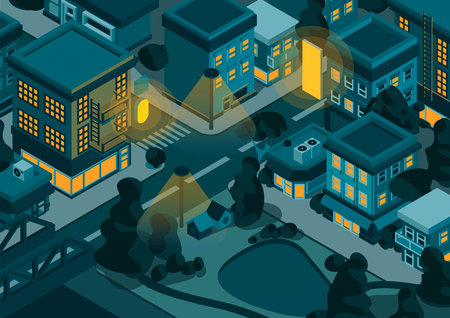 A vector-style isometric illustration of a nighttime small town. Buildings of various shapes and sizes are illuminated by the soft glow of windows, creating a cozy atmosphere. Streets are lit by streetlights whose golden light reflects on sidewalks and roads. The sky is dark blue, dotted with stars and faint moonlight, casting subtle shadows over the town. Trees and parks are gently lit by nearby lamps, adding harmony to the scene. The overall mood exudes warmth, serenity, and the quiet of nighttime.のイラスト素材