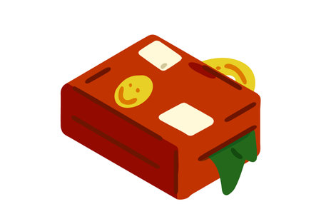 Flat vector illustration of a red suitcase with clothes sticking out. Travel-themed image in a playful minimal style, isolated on white background.のイラスト素材