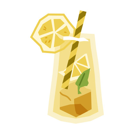 Flat cartoon illustration of a refreshing lemon drink in a tall glass. Summer beverage with ice cube, mint leaf, straw, and lemon slice isolated on white background.のイラスト素材