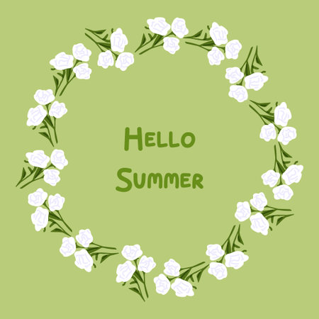 Delicate round wreath made of small white flowers with green stems on soft green background. Flat cartoon style, pastel colors, decorative composition.のイラスト素材