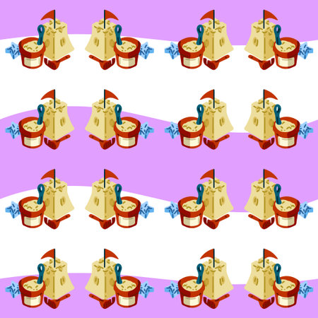 Bright beach toy set with sandcastle, bucket and star mold in a  repeat. Flat cartoon-style pattern with colorful summer elements on purple and white wave background.のイラスト素材