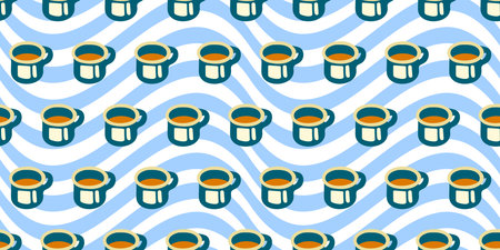 Seamless Camping Enamel Mug Pattern. Cartoon enamel mugs filled with tea or coffee on blue wavy...