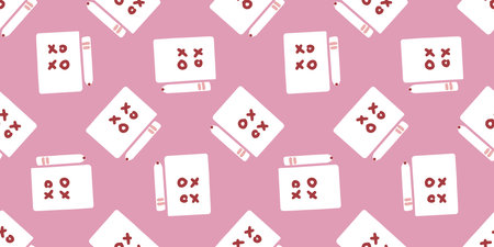 Seamless pattern with white notebooks and pink pencils featuring handwritten XOXO love notes in flat...