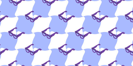 Seamless Cartoon Glasses Pattern Design. Purple glasses in cartoon flat style on abstract violet and...