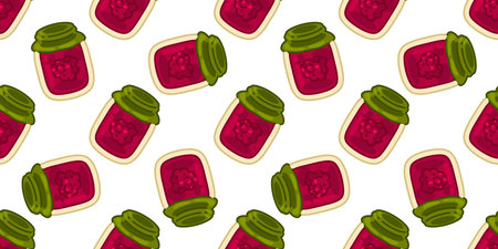 Seamless Raspberry Jam Jar Pattern. Cartoon raspberry jam jars with green lids in flat style. Seamless sweet homemade food pattern on white background.のイラスト素材