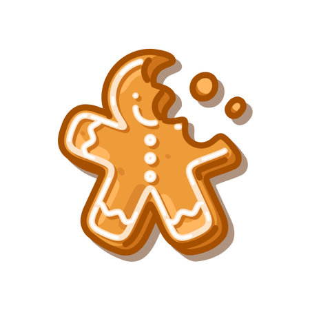 Gingerbread Man Cookie Illustration with icing decoration and bitten edge, cartoon sweet dessert...