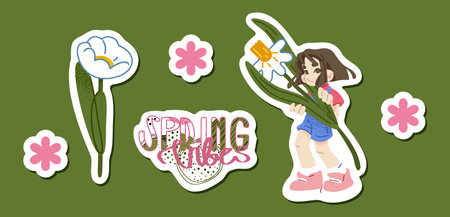 Spring Girl Floral Sticker Setのイラスト素材