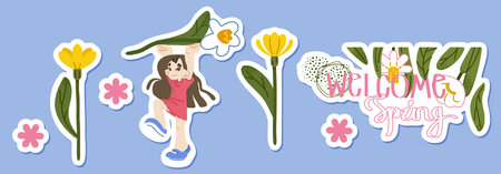 Spring Girl Welcome Sticker Setのイラスト素材