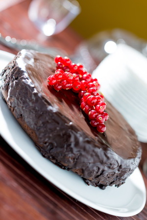 Sacher chocolate pie on a white plateの写真素材