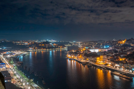 Panoramic view of Porto at night, Portugal. Long exposure.の写真素材