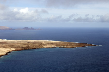 Panoramic view of the volcanic island of La Graciosa in the Atlantic Ocean, Canary Islands, Spainの写真素材