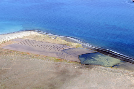 Panoramic view of the volcanic island of La Graciosa in the Atlantic Ocean, Canary Islands, Spainの写真素材