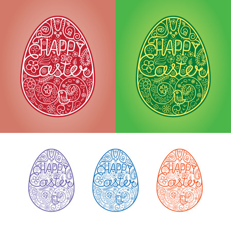 Vector colored hand drawing decorative illustration. Easter egg with background, hare, chicken and flowers.のイラスト素材
