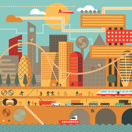 Vector city illustration in flat style and in warm colors - houses, buildings, trees, street with walking people, cars, boat and train.のイラスト素材