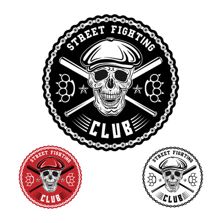 Vector illustration street fighting club emblem with skull, brass knuckles, bats, chain and cap.のイラスト素材