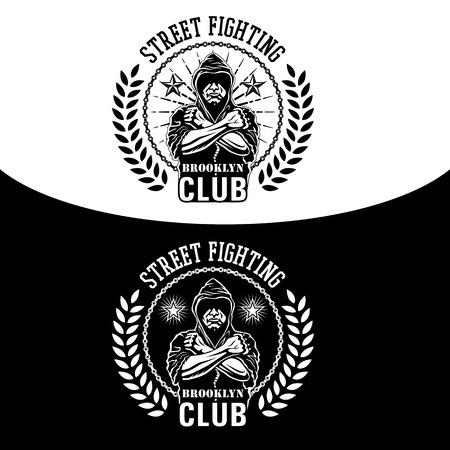 Vector illustration street fighting club emblem with fighter, chain and wreath.のイラスト素材