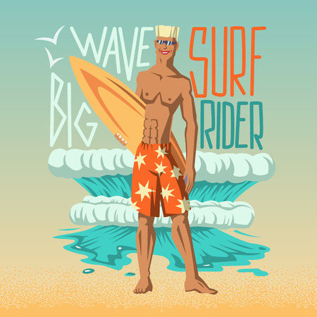 Vector illustration of boy with surfboard on wave background and inscription " Big wave surf rider".のイラスト素材