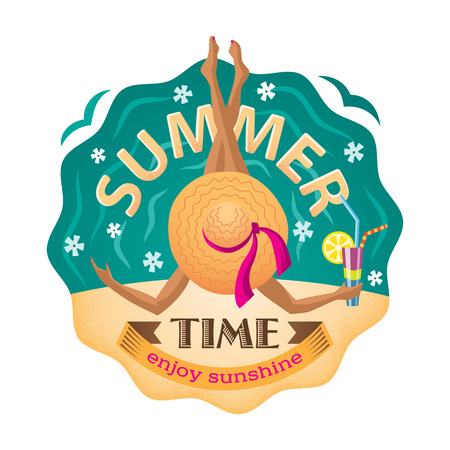 Vector illustration of girl in hat on the beach with a cocktail and inscription " Summer time. Enjoy sunshine".のイラスト素材