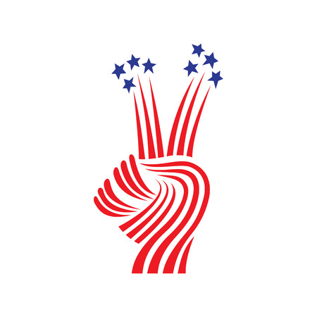 Vector illustration of the US Independence Day. The symbolic image of a hand sign of victory and fireworks in the colors of the American flag.のイラスト素材
