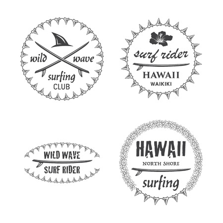 Surfing vector emblem set with hawaiian lei, surfboard, shark teeth.のイラスト素材