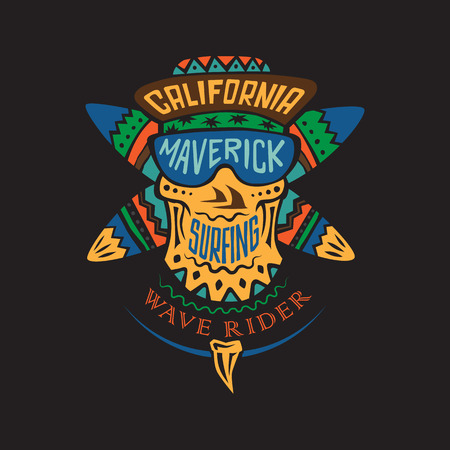 Surfing color ornamental vector emblem with surfboards and skull cap and sunglasses with inscriptions: California, Maverick, surfing and wave rider.のイラスト素材
