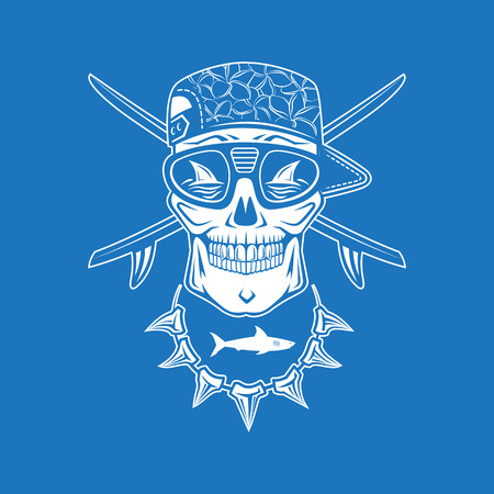 Surfing vector monochrome emblem with surfboards, shark and skull cap and sunglasses.のイラスト素材