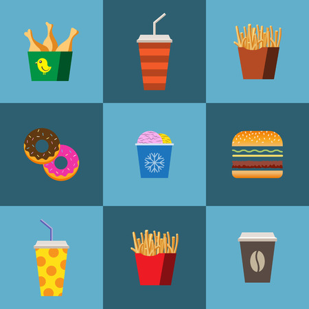 Vector concept fast food flat set. Fast food flayer, poster. Coffee, cocktail, soft drink, hamburger, french fries, roast chicken, ice cream and donut.のイラスト素材