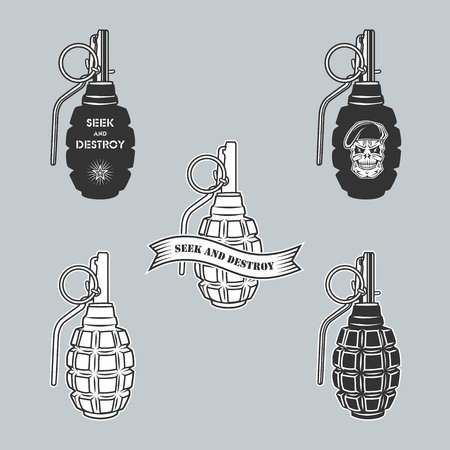 Military vector emblem with  grenade and skull.のイラスト素材