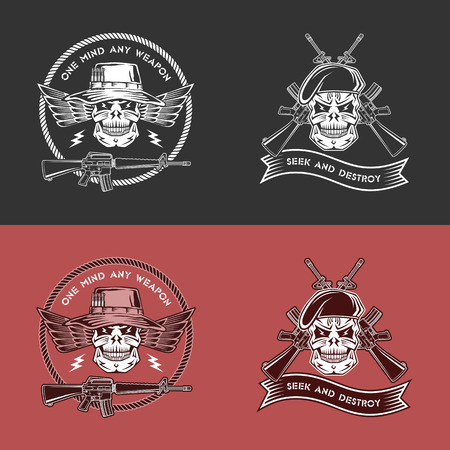 Military vector emblem with wings, guns, ribbons, skulls, berets and Panama hats.のイラスト素材