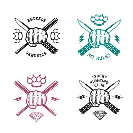 Vector illustration street fighting club emblems with fist, knife, brass knuckles, bits and inscriptions. "Street fighting club. Knuckle sandwich. No rules."のイラスト素材