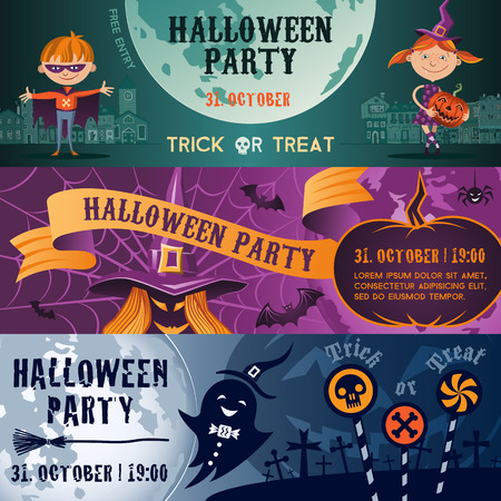 Vector concept Halloween party flat banner set. Halloween party flayer, poster. Children, witch, brooms, ghost and pumpkin.のイラスト素材