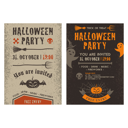 Halloween party vector invitation card with Halloween emblems with a broom, pitchfork, pumpkin, hat, cobweb, ghost and skull.のイラスト素材