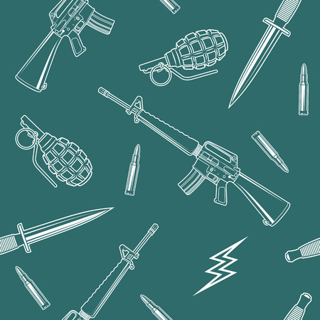 Special forces vector seamless pattern with a rifle, knife, grenades, cartridges and lightning.のイラスト素材